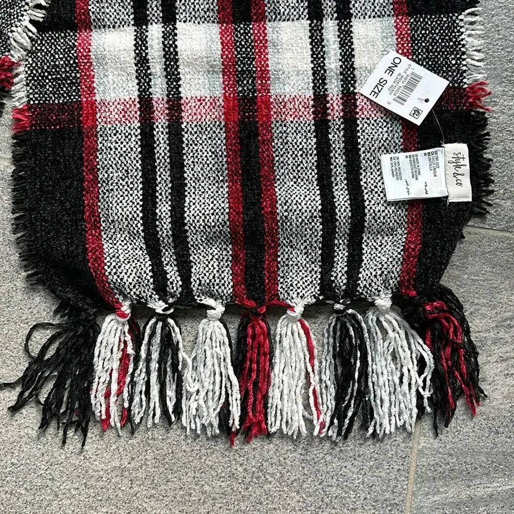 NWT Macy's x Style & Co Ultra-soft Fringe Scarf Black Red White Plaid Stripes